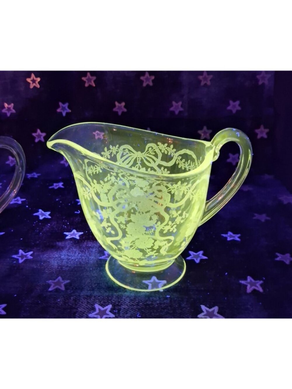 VTG 1940s Fostoria Romance Crystal Creamer Sugar Bowl Set Floral & Ribbon Etched - Picture 14 of 14